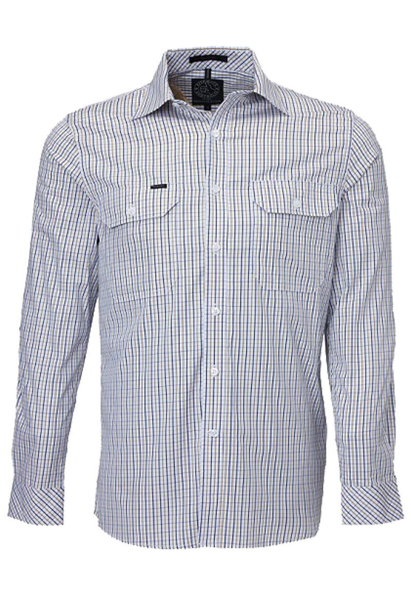 Pilbara (Mens) RMPC011 - Dual Pocket Long Sleeve Shirt (Safari/Navy/White Check) - 5% Off - Chainsaw Mates Rates
