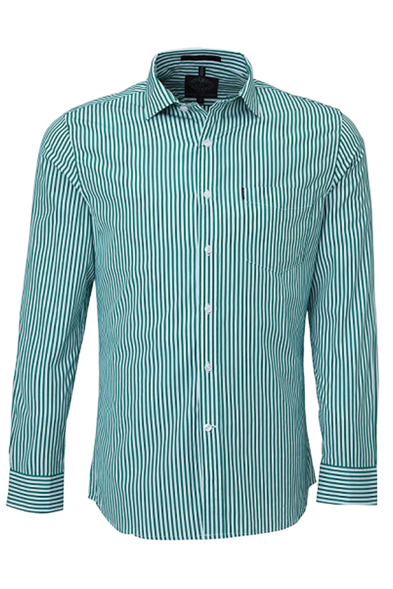 Pilbara (Mens) RMPC012 - Single Pocket Long Sleeve Shirt (Emerald/White Stripe) - 5% Off - Chainsaw Mates Rates