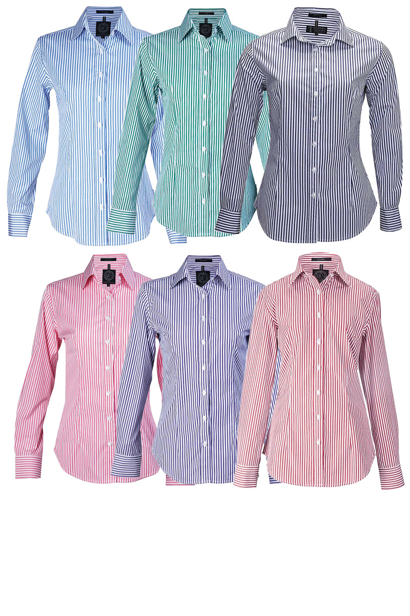 Pilbara (Womens) RMPC013 - Open Front Classic Fit Long Sleeve Stripes Shirt (Emerald-White Stripes)