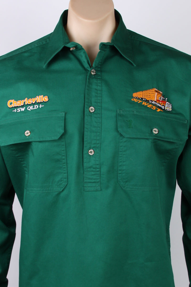 Pilbara Tourist Shirt (Mens) RM200CF - Closed Front Long Sleeve Shirt (Green | Out West Road Train) - Charleville