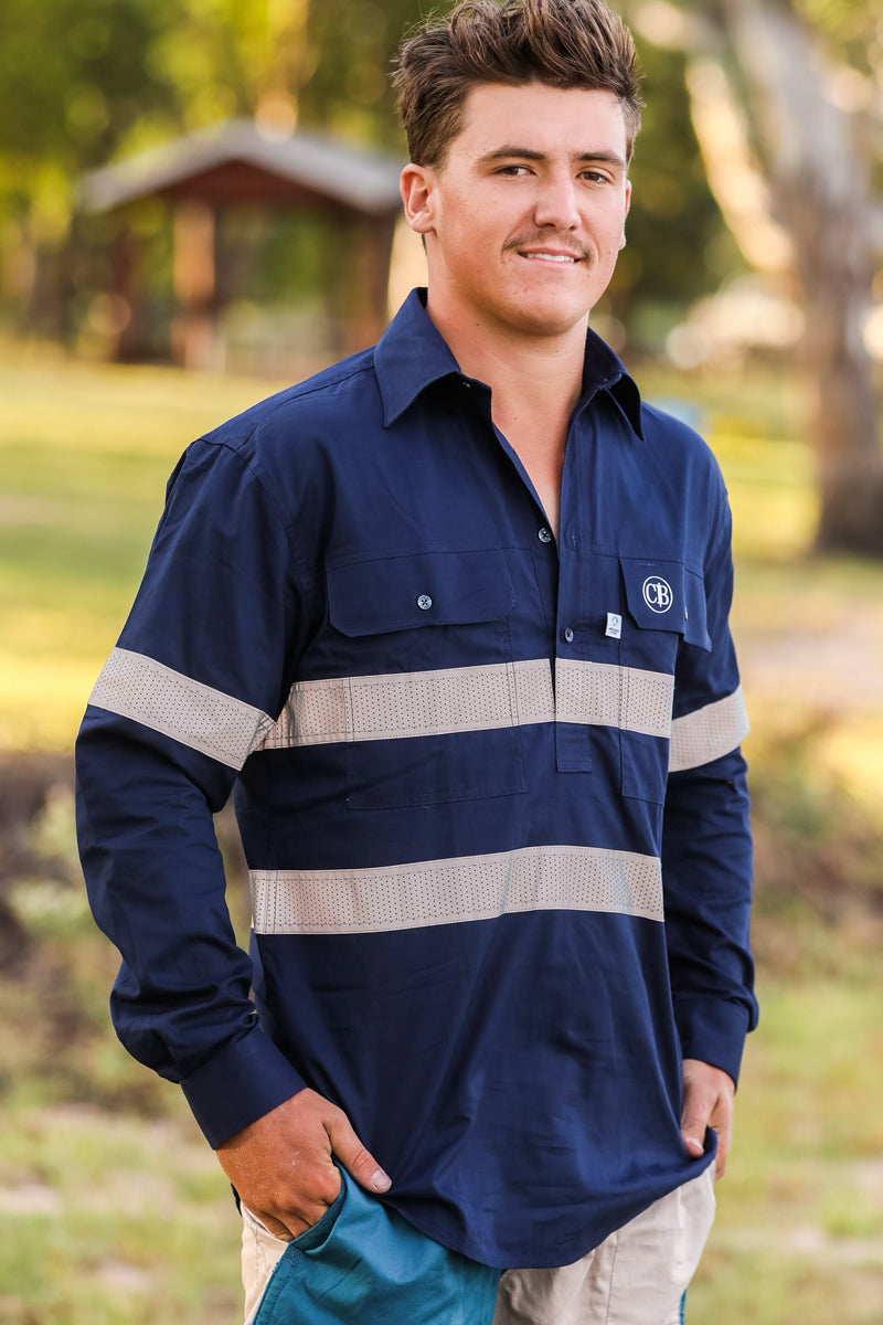 Crowbar Australian Cotton (Mens) Closed Front Long Sleeve Reflector Shirt (French Navy) - 5% Off - Chainsaw Mates Rates