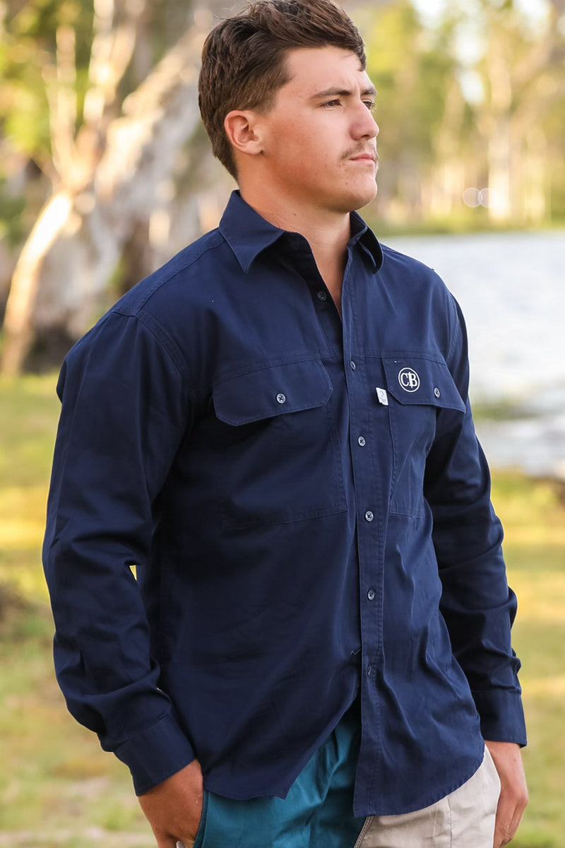 Crowbar Australian Cotton (Mens) Closed Front Long Sleeve Shirt (French Navy) - 5% Off - Chainsaw Mates Rates