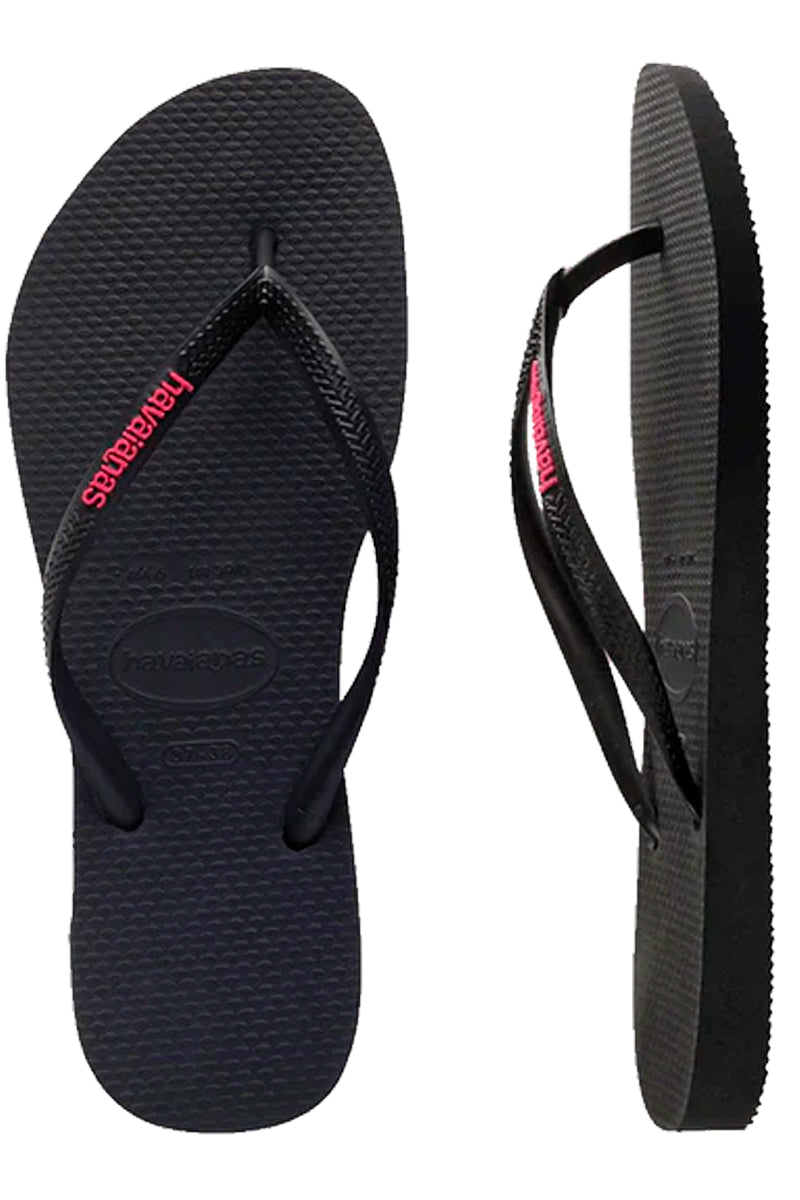 Havaianas (Womens) Slim Logo (Black | Neon Pink)