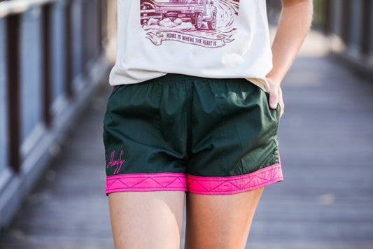MaryG Old School (Youth) Short - Heritage Green - Hot Pink Panel