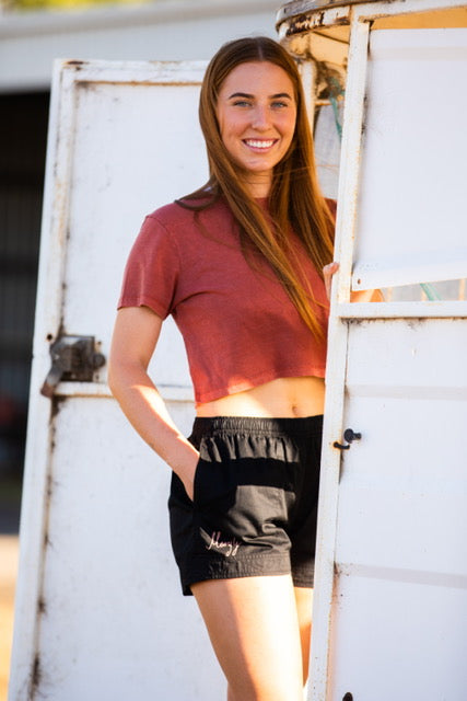 MaryG (Womens) Old School Shorts (Black - Rose Gold Matalic Embroidery)