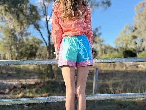 MaryG (Youth) Old School Harlequin Panel Shorts (Mint | Cornflower | Blush Panel) - 5% Off - Chainsaw Mates Rates