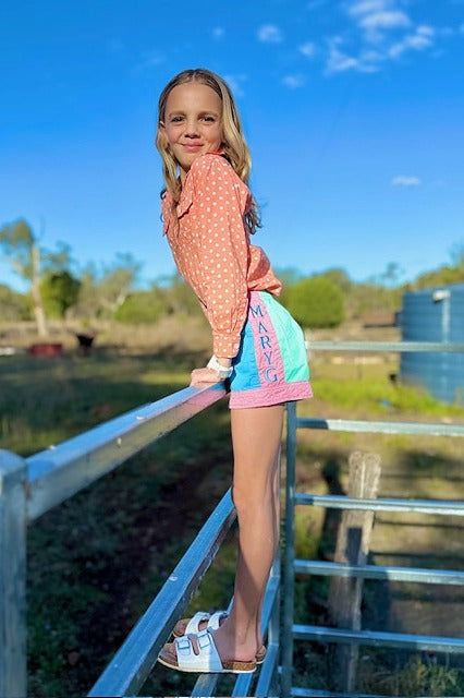 MaryG (Youth) Old School Harlequin Panel Shorts (Mint | Cornflower | Blush Panel) - 5% Off - Chainsaw Mates Rates
