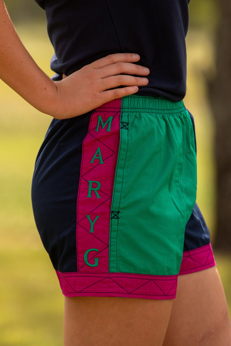 MaryG (Womens) Classic Harlequin Panel Shorts (Kelly Green | French Navy | Fuschia) - 5% Off - Chainsaw Mates Rates