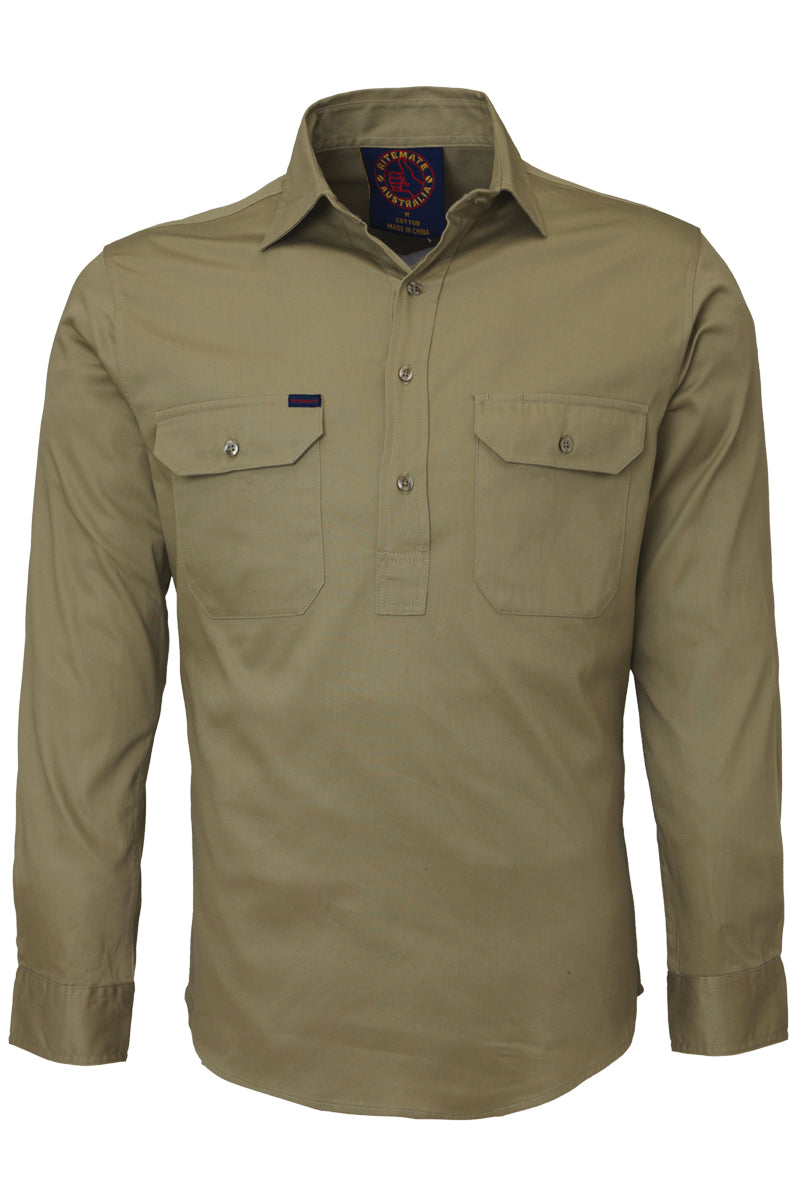 Ritemate (Mens) RM100CF - Closed Front Long Sleeve Shirt (Khaki)