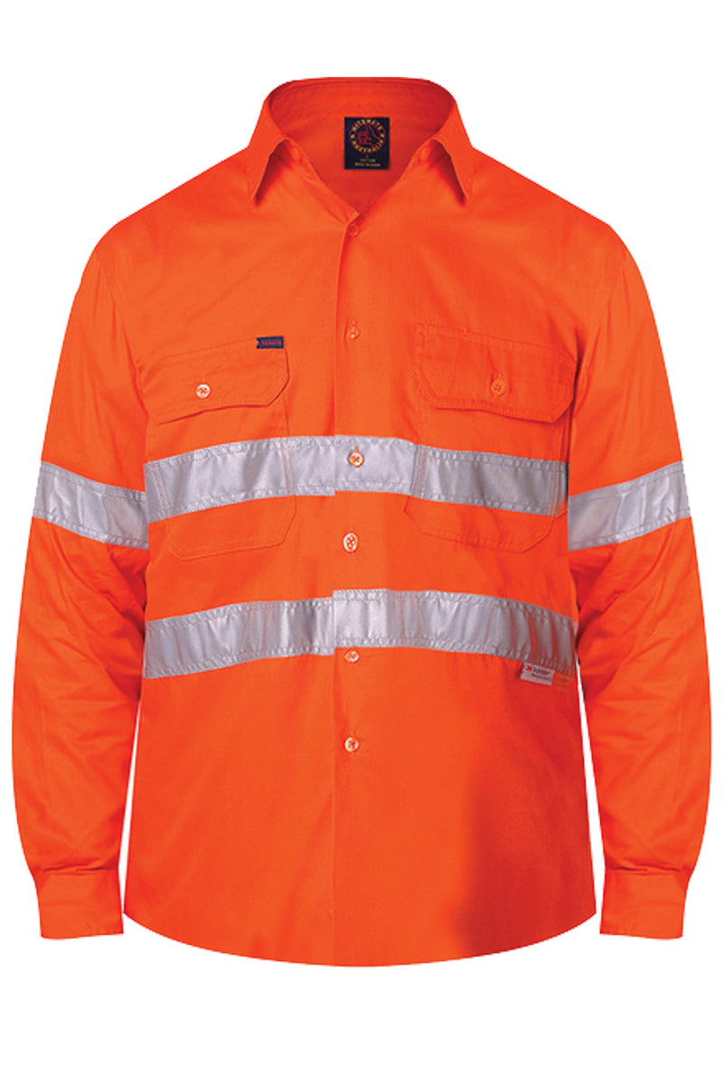 Ritemate (Mens) RM1040R - Hi Vis Open Front Long Sleeve with 3M Reflective Tape Shirt (Orange)