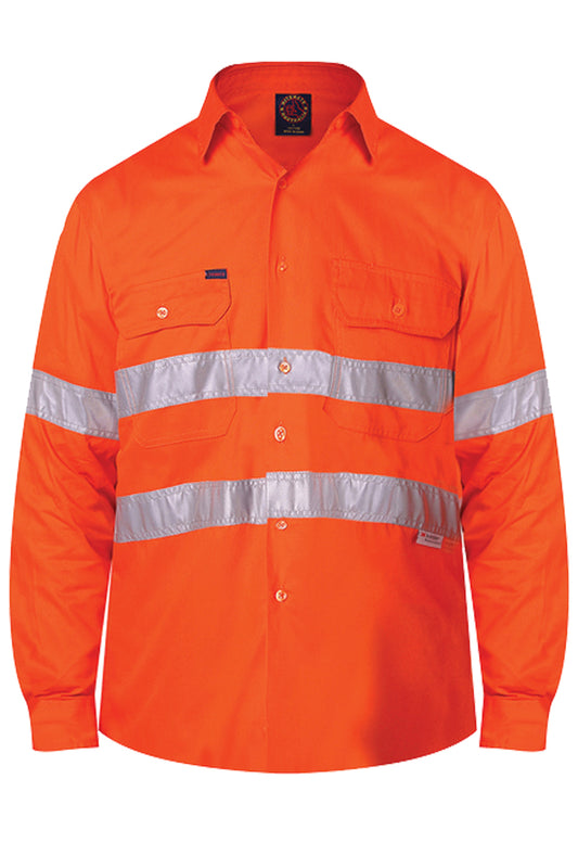 Ritemate (Mens) RM1040R - Hi Vis Open Front Long Sleeve with 3M Reflective Tape Shirt (Orange)