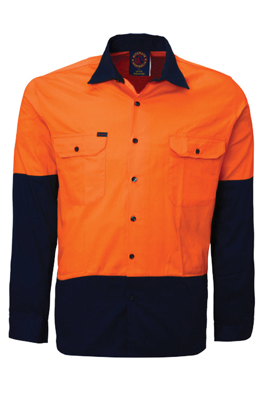 Ritemate (Mens) RM1050 - Hi Vis 2 Tone Open Front Long Sleeve Shirt (Orange/Navy)