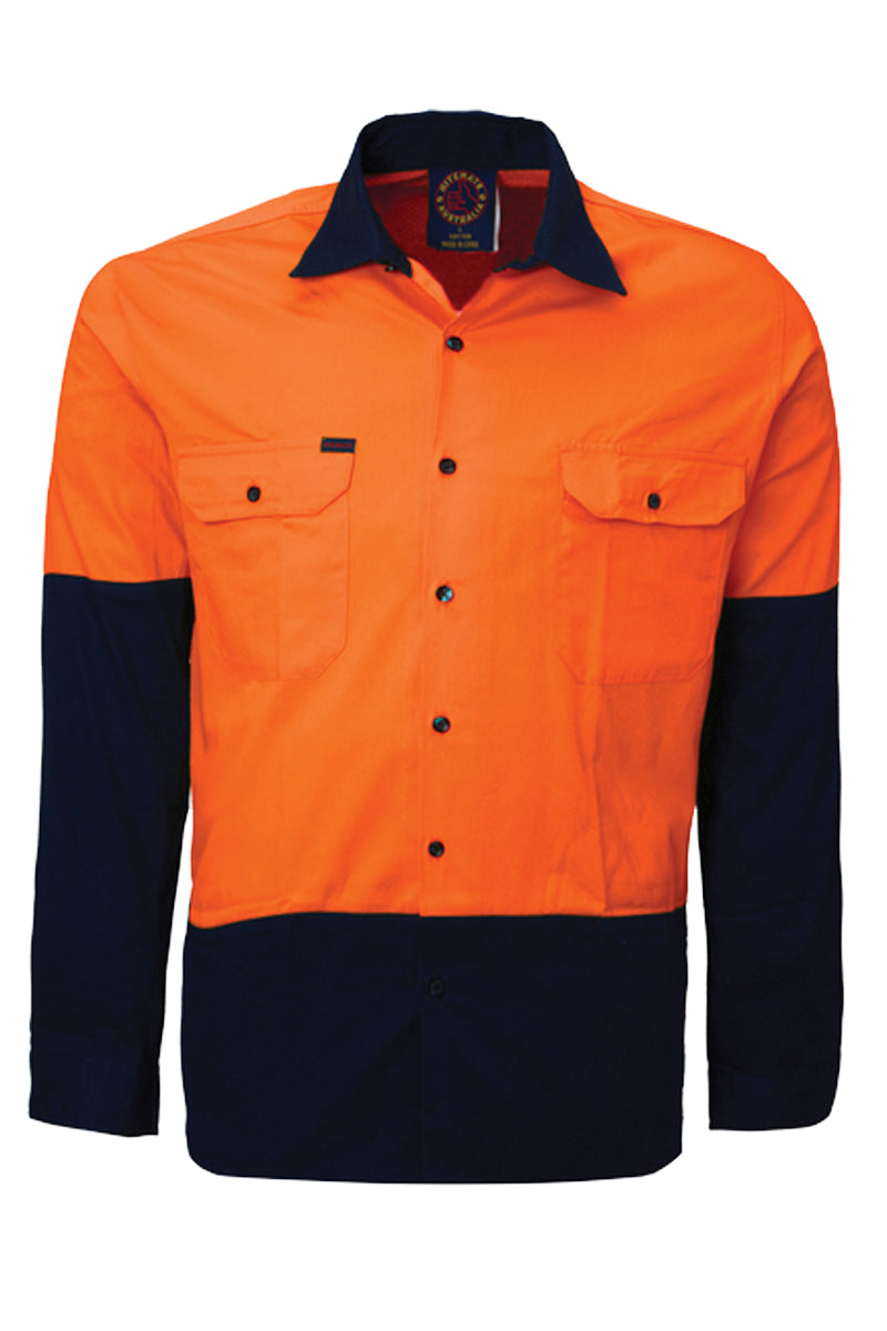 Ritemate (Mens) RM1050 - Hi Vis 2 Tone Open Front Long Sleeve Shirt (Orange/Navy) - 5% Off - Chainsaw Mates Rates