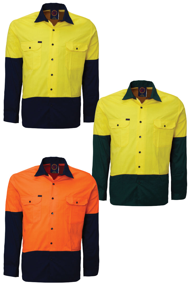 Ritemate (Mens) RM1050 - Hi Vis 2 Tone Open Front Long Sleeve Shirt (Yellow/Navy) - 5% Off - Chainsaw Mates Rates