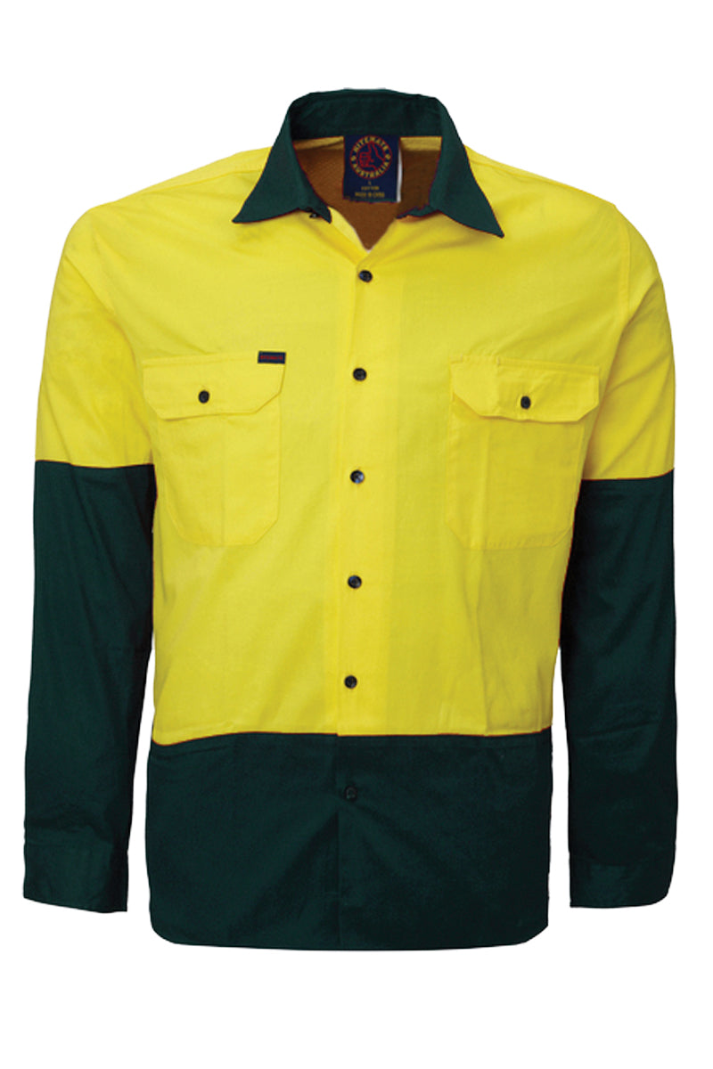 Ritemate (Mens) RM1050 - Hi Vis 2 Tone Open Front Long Sleeve Shirt (Yellow/Bottle) - 5% Off - Chainsaw Mates Rates
