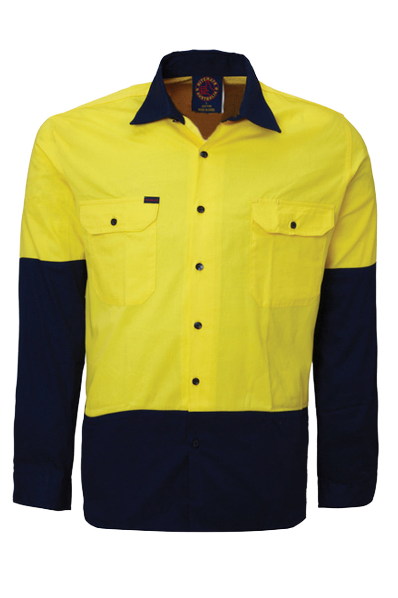 Ritemate (Mens) RM1050 - Hi Vis 2 Tone Open Front Long Sleeve Shirt (Yellow/Navy) - 5% Off - Chainsaw Mates Rates