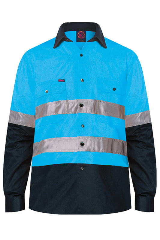 Ritemate (Mens) RM1050R - Hi Vis 2 Tone Open Front Long Sleeve with 3M Reflective Tape Shirt (Blue/Navy)