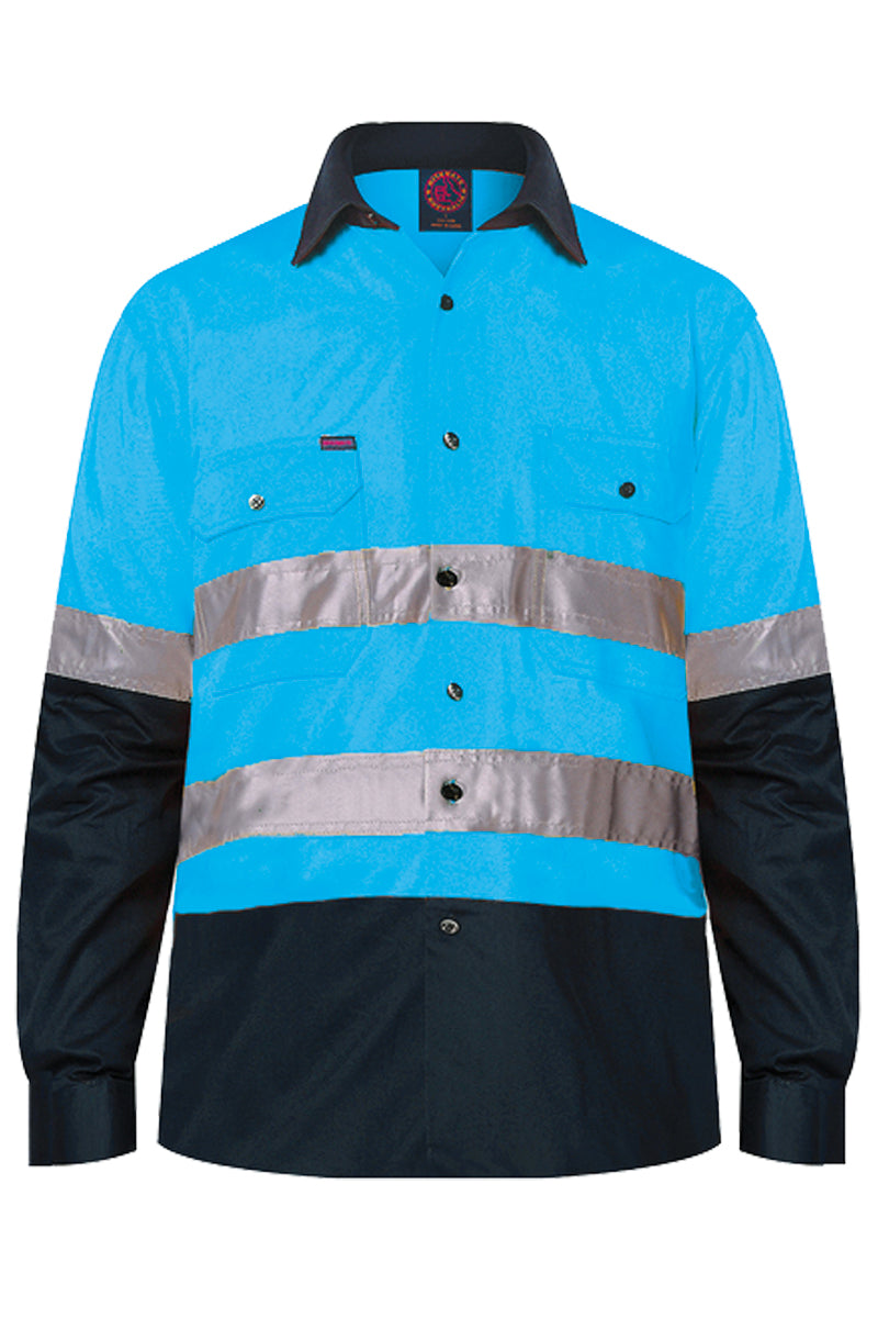 Ritemate (Mens) RM1050R - Hi Vis 2 Tone Open Front Long Sleeve with 3M Reflective Tape Shirt (Blue/Navy)