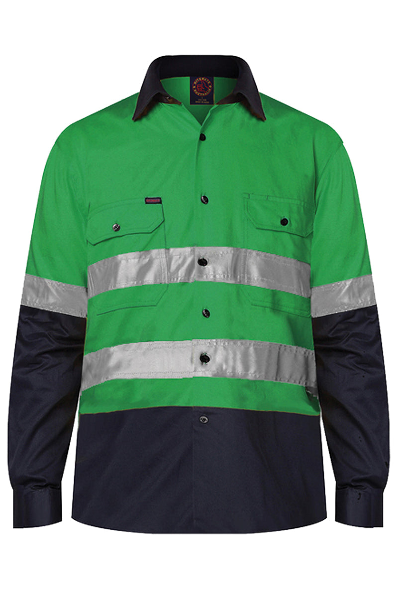 Ritemate (Mens) RM1050R - Hi Vis 2 Tone Open Front Long Sleeve with 3M Reflective Tape Shirt (Emerald/Navy)