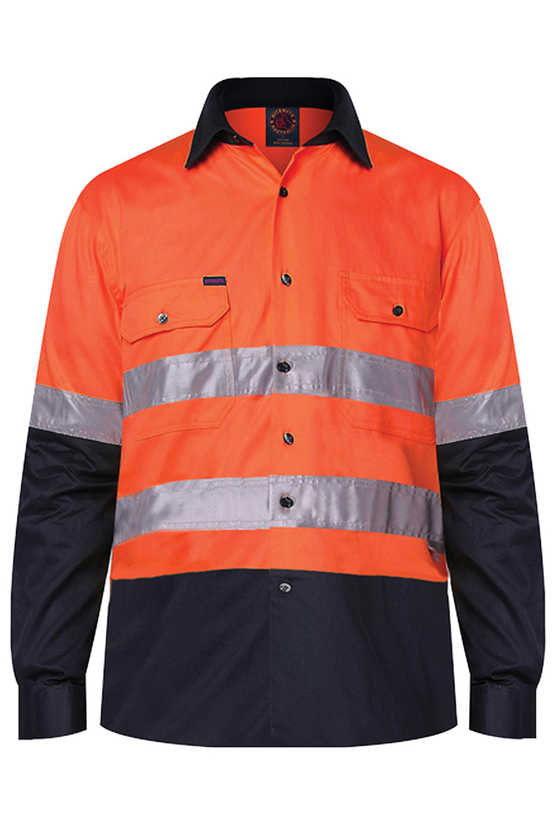 Ritemate (Mens) RM1050R - Hi Vis 2 Tone Open Front Long Sleeve with 3M Reflective Tape Shirt (Orange/Navy)