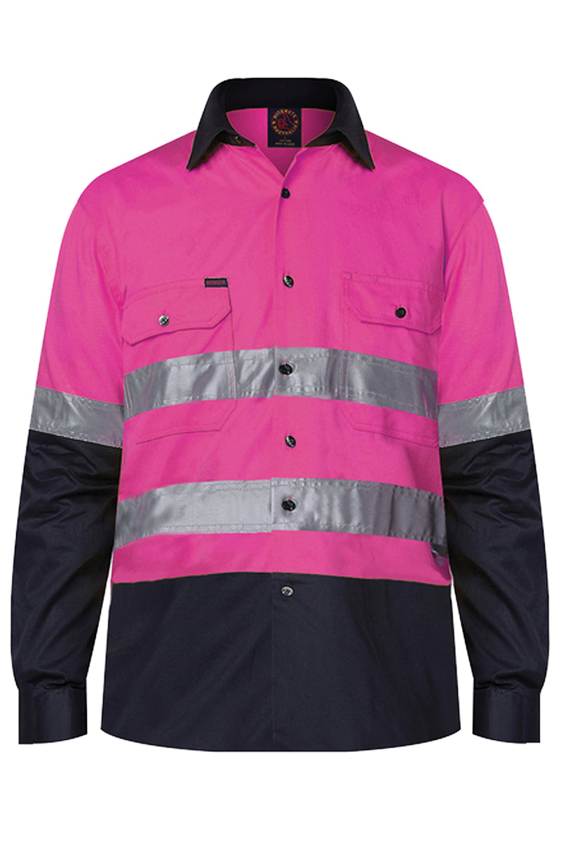 Ritemate (Mens) RM1050R - Hi Vis 2 Tone Open Front Long Sleeve with 3M Reflective Tape Shirt (Pink/Navy)