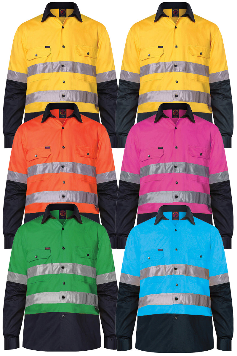 Ritemate (Mens) RM1050R - Hi Vis 2 Tone Open Front Long Sleeve with 3M Reflective Tape Shirt (Yellow/Bottle)