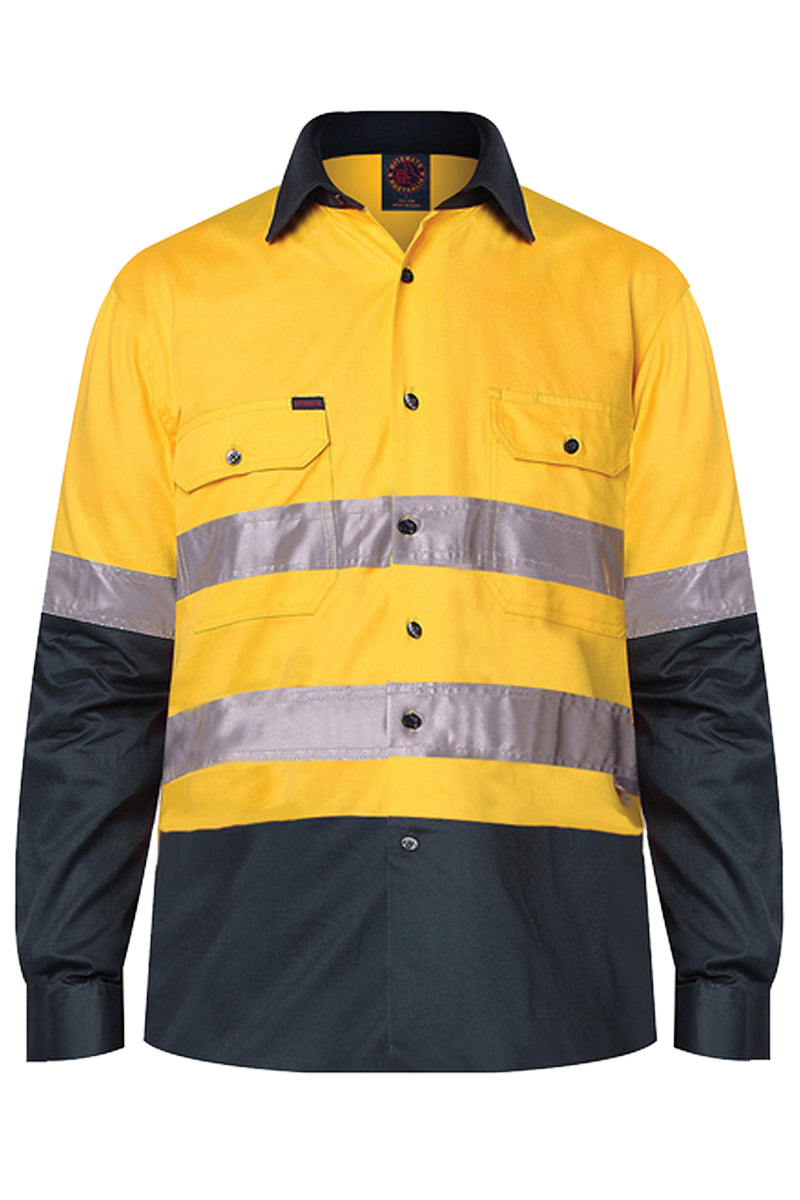 Ritemate (Mens) RM1050R - Hi Vis 2 Tone Open Front Long Sleeve with 3M Reflective Tape Shirt (Yellow/Bottle)