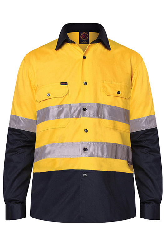 Ritemate (Mens) RM1050R - Hi Vis 2 Tone Open Front Long Sleeve with 3M Reflective Tape Shirt (Yellow/Navy)