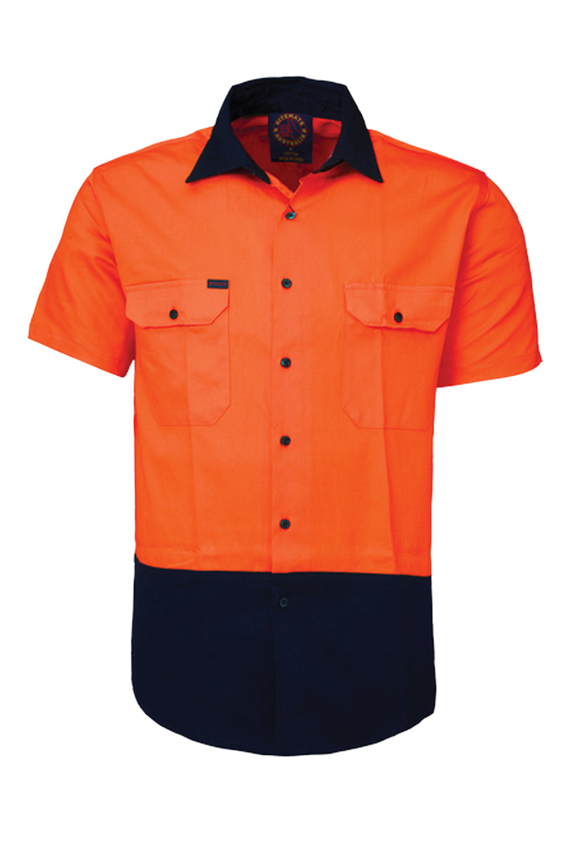 Ritemate (Mens) RM1050S - Hi Vis 2 Tone Open Front Short Sleeve Shirt (Orange/Navy)