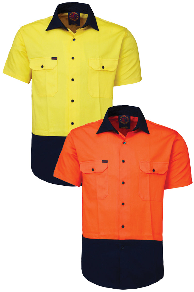 Ritemate (Mens) RM1050S - Hi Vis 2 Tone Open Front Short Sleeve Shirt (Orange/Navy)