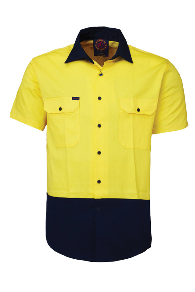 Ritemate (Mens) RM1050S - Hi Vis 2 Tone Open Front Short Sleeve Shirt (Yellow/Navy)