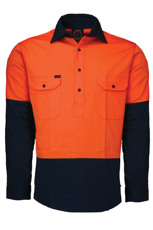 Ritemate (Mens) RM105CF - Hi Vis 2 Tone Closed Front Long Sleeve Shirt (Orange/Navy)