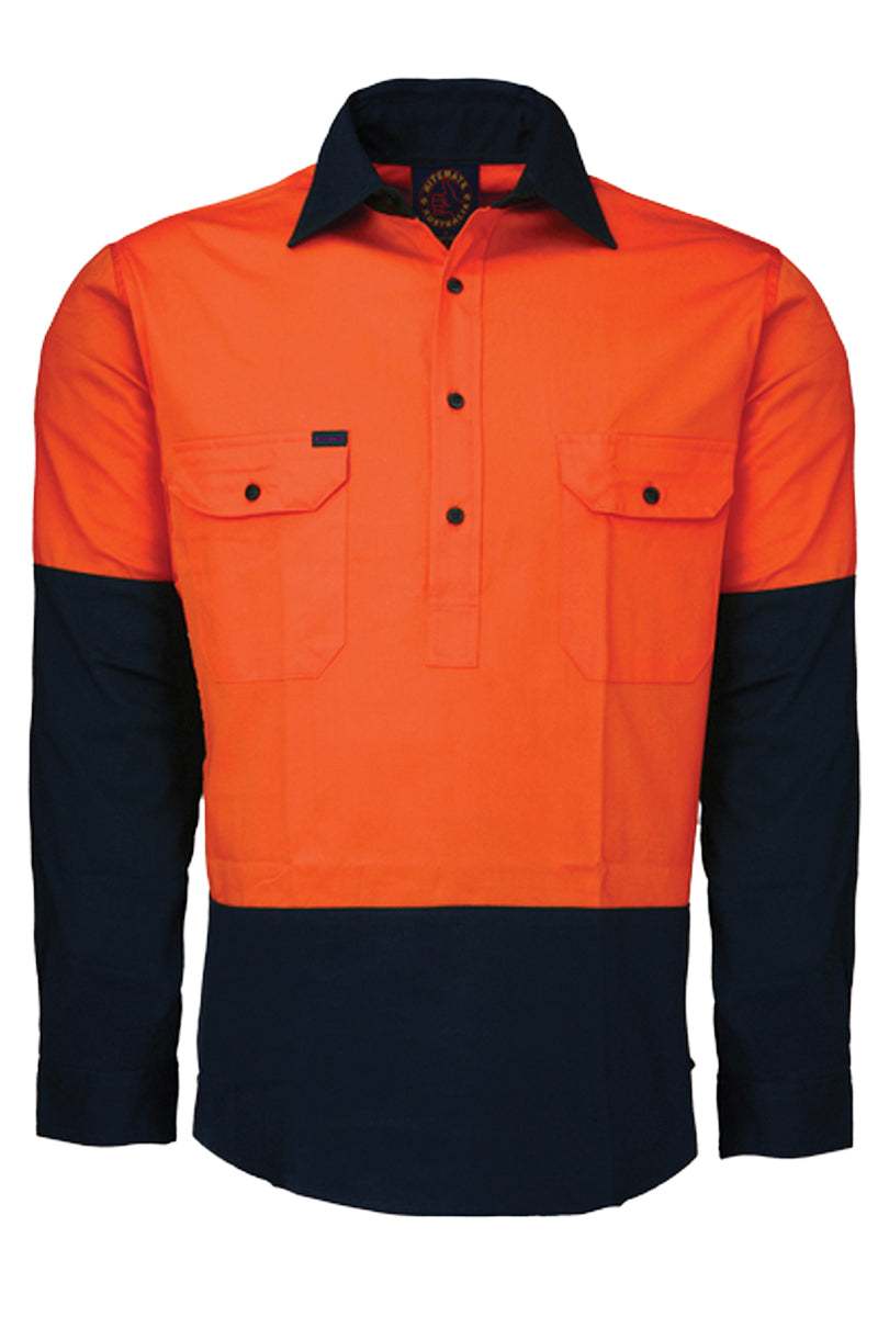 Ritemate (Mens) RM105CF - Hi Vis 2 Tone Closed Front Long Sleeve Shirt (Orange/Navy) - 5% Off - Chainsaw Mates Rates