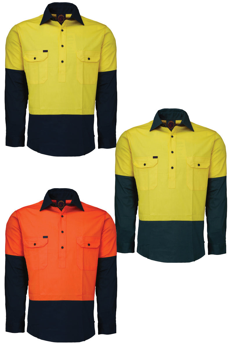 Ritemate (Mens) RM105CF - Hi Vis 2 Tone Closed Front Long Sleeve Shirt (Yellow/Bottle) - 5% Off - Chainsaw Mates Rates