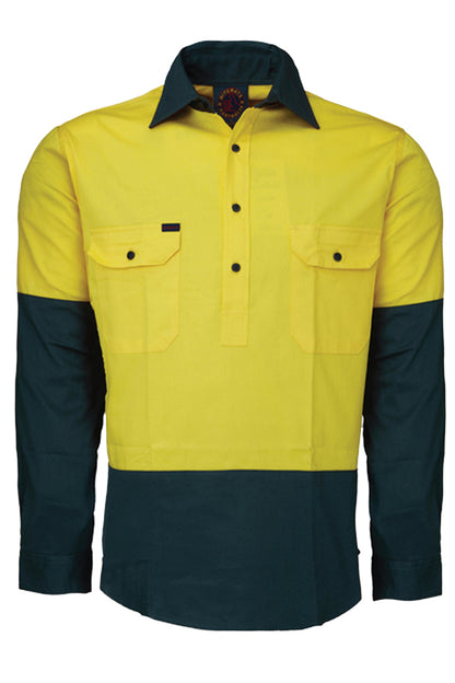 Ritemate (Mens) RM105CF - Hi Vis 2 Tone Closed Front Long Sleeve Shirt (Yellow/Bottle)