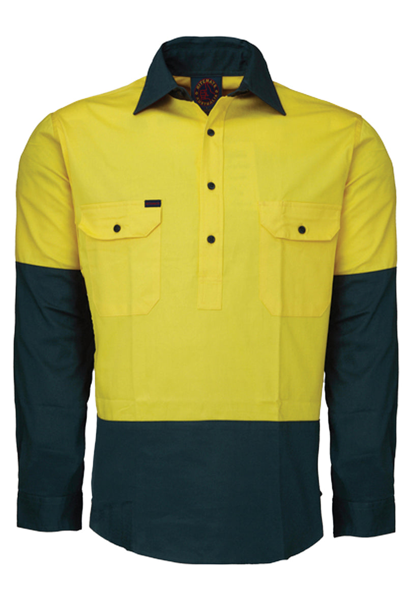 Ritemate (Mens) RM105CF - Hi Vis 2 Tone Closed Front Long Sleeve Shirt (Yellow/Bottle) - 5% Off - Chainsaw Mates Rates