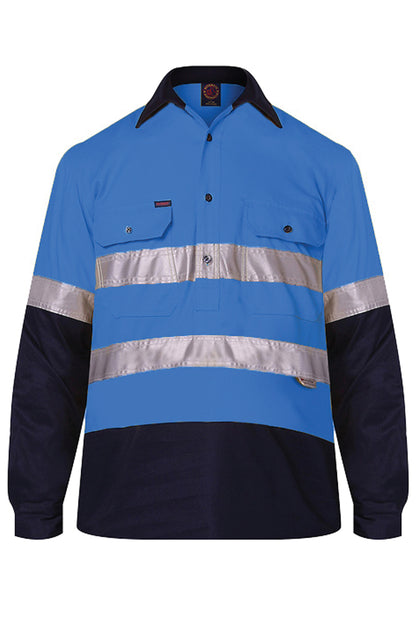 Ritemate (Mens) RM105CFR - Hi Vis 2 Tone Closed Front Long Sleeve with 3M Reflective Tape Shirt (Blue/Navy)