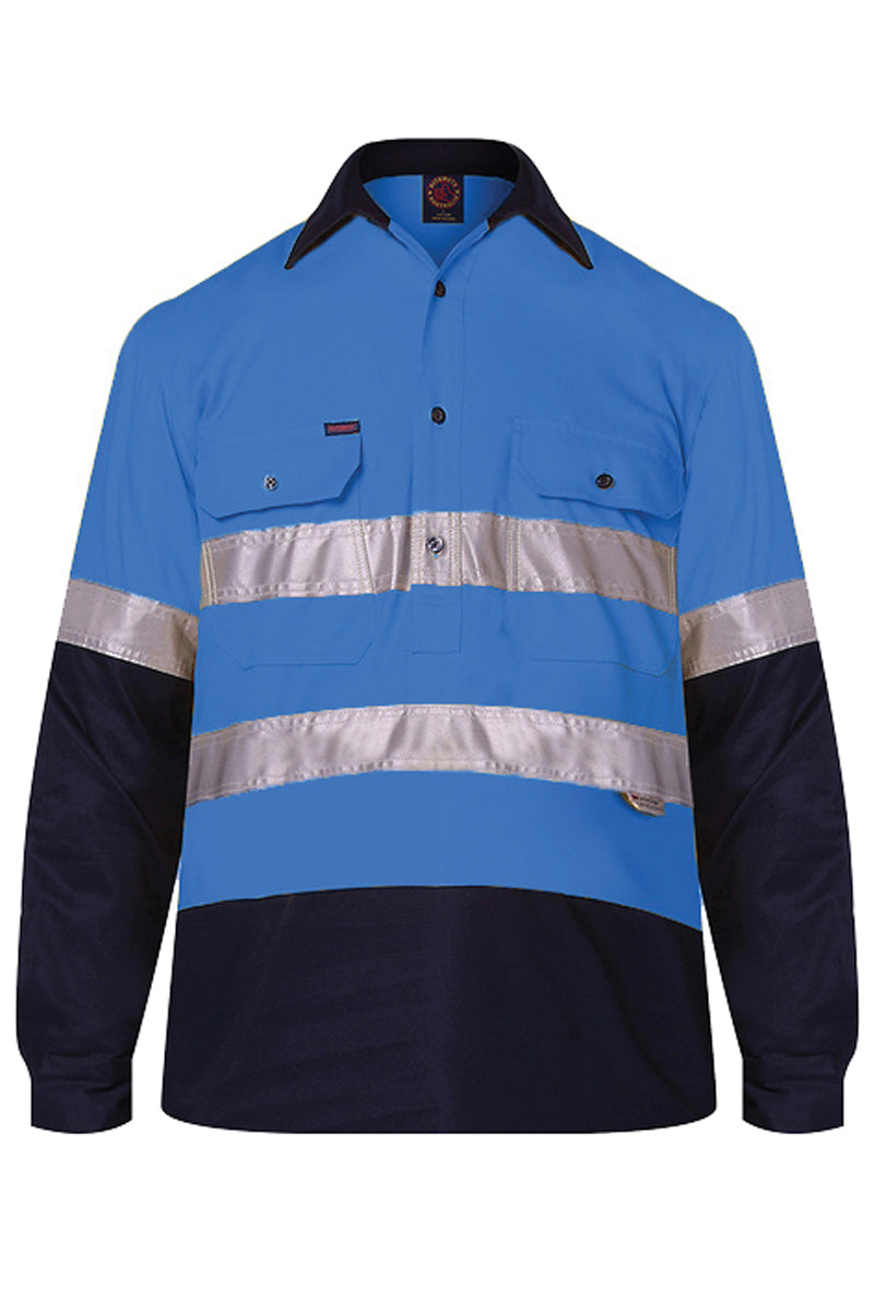 Ritemate (Mens) RM105CFR - Hi Vis 2 Tone Closed Front Long Sleeve with 3M Reflective Tape Shirt (Blue/Navy) - 5% Off - Chainsaw Mates Rates
