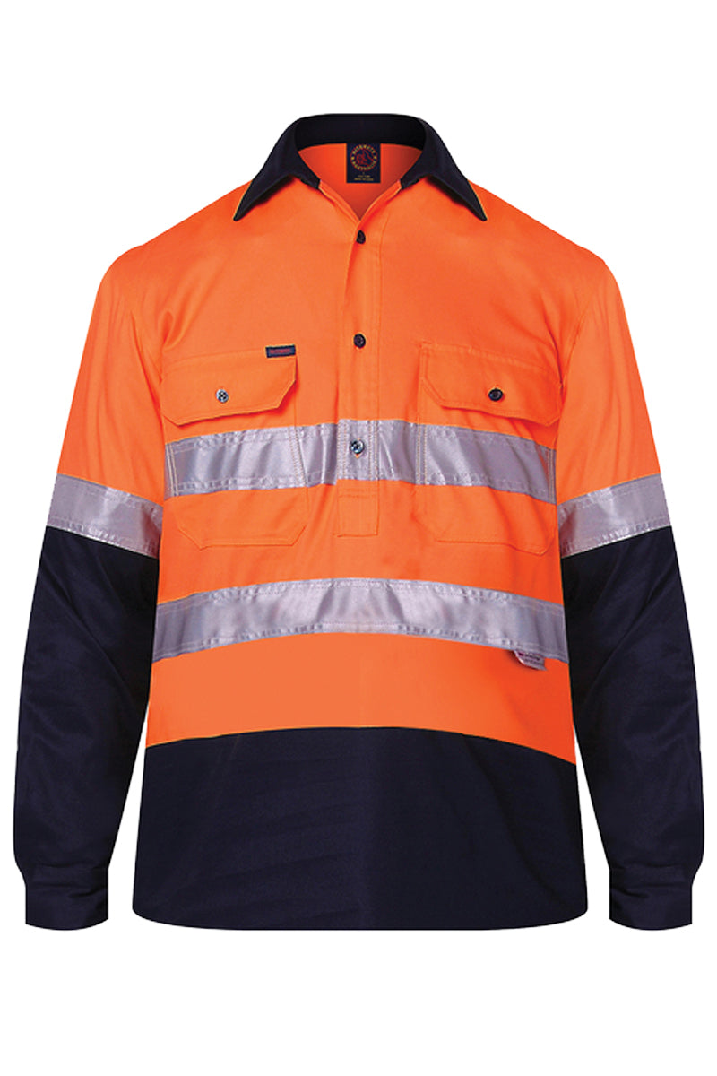 Ritemate (Mens) RM105CFR - Hi Vis 2 Tone Closed Front Long Sleeve with 3M Reflective Tape Shirt (Orange/Navy) - 5% Off - Chainsaw Mates Rates