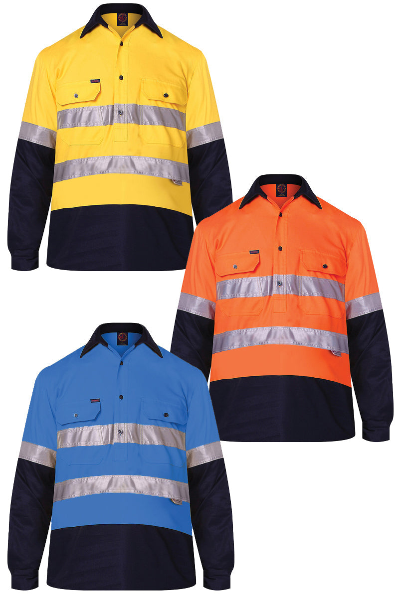Ritemate (Mens) RM105CFR - Hi Vis 2 Tone Closed Front Long Sleeve with 3M Reflective Tape Shirt (Orange/Navy) - 5% Off - Chainsaw Mates Rates