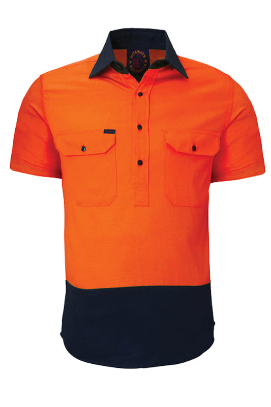 Ritemate (Mens) RM105CFS - Hi Vis 2 Tone Closed Front Short Sleeve Shirt (Orange/Navy)