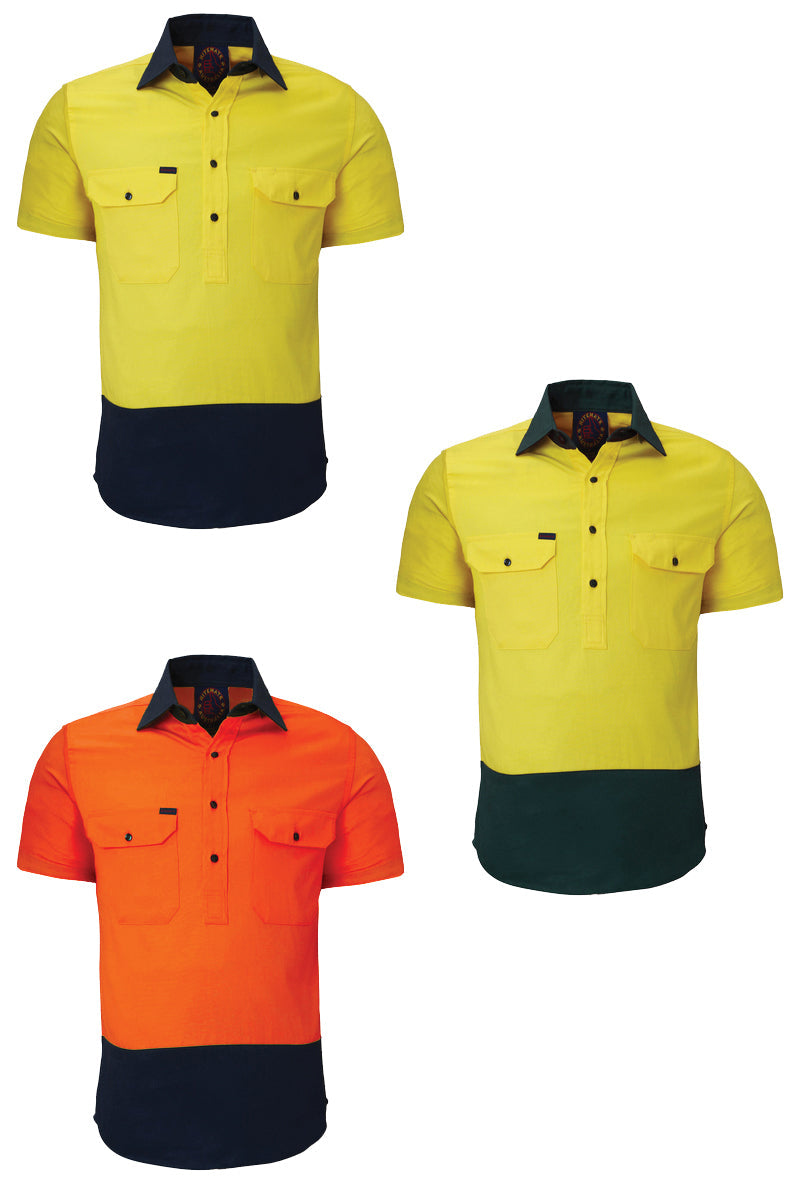 Ritemate (Mens) RM105CFS - Hi Vis 2 Tone Closed Front Short Sleeve Shirt (Yellow/Bottle)