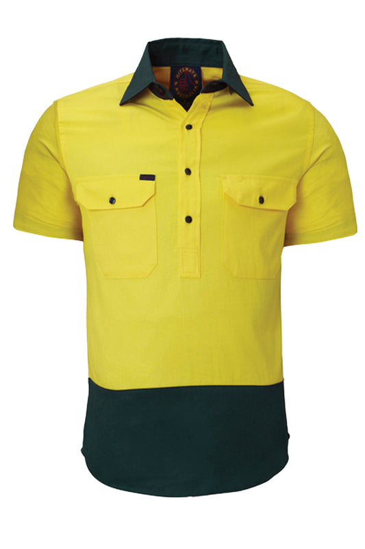 Ritemate (Mens) RM105CFS - Hi Vis 2 Tone Closed Front Short Sleeve Shirt (Yellow/Bottle)