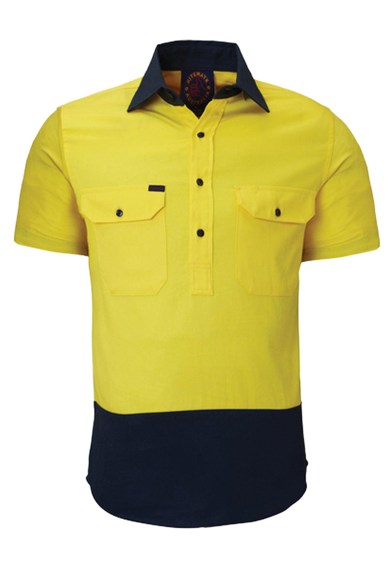 Ritemate (Mens) RM105CFS - Hi Vis 2 Tone Closed Front Short Sleeve Shirt (Yellow/Navy)