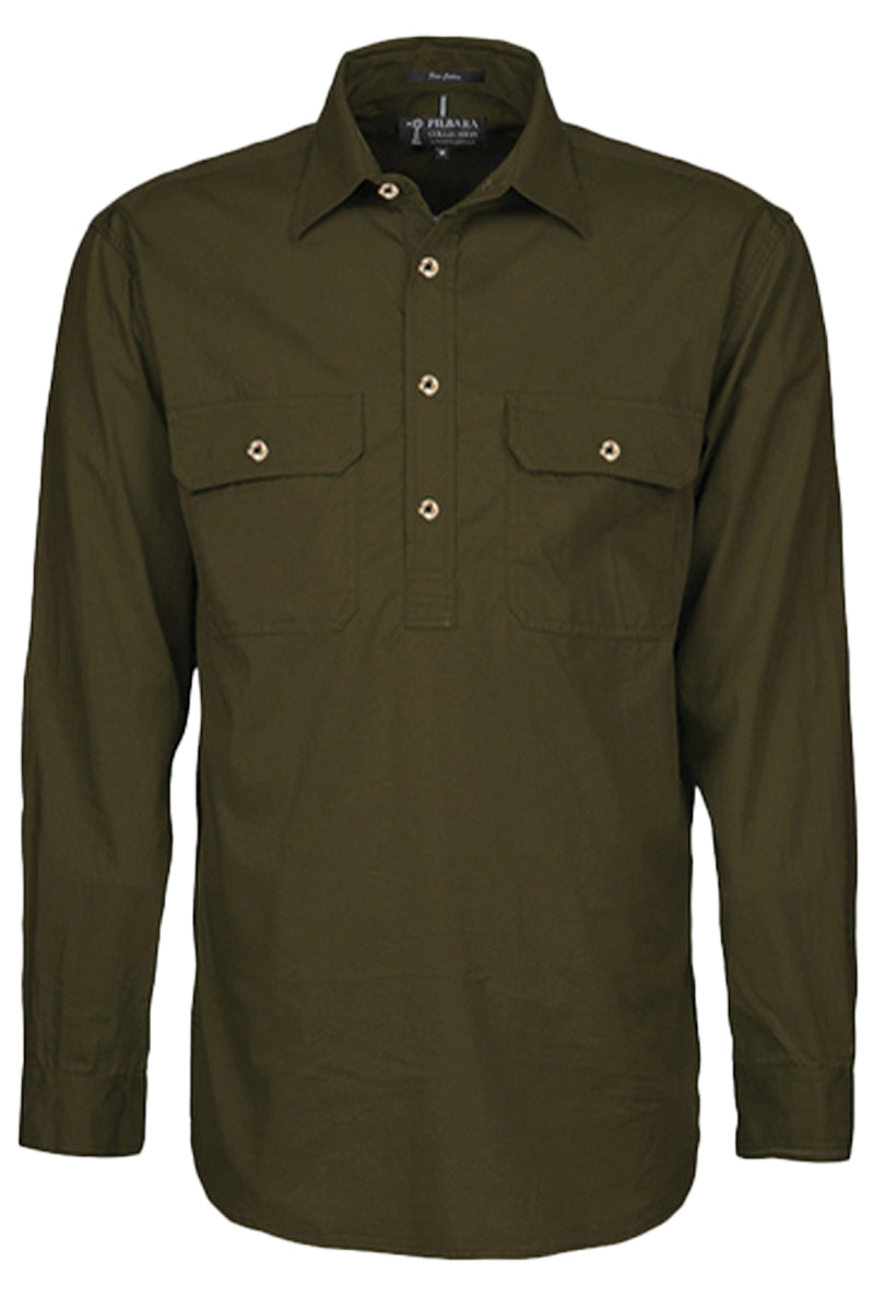 Pilbara (Mens) RM200CF - Closed Front Long Sleeve Shirt (Olive) - 5% Off - Chainsaw Mates Rates
