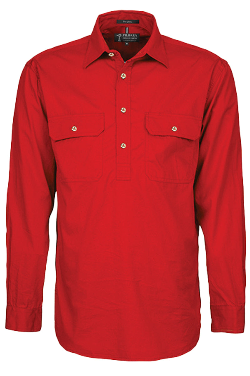 Pilbara (Mens) RM200CF - Closed Front Long Sleeve Shirt (Red) - 5% Off - Chainsaw Mates Rates