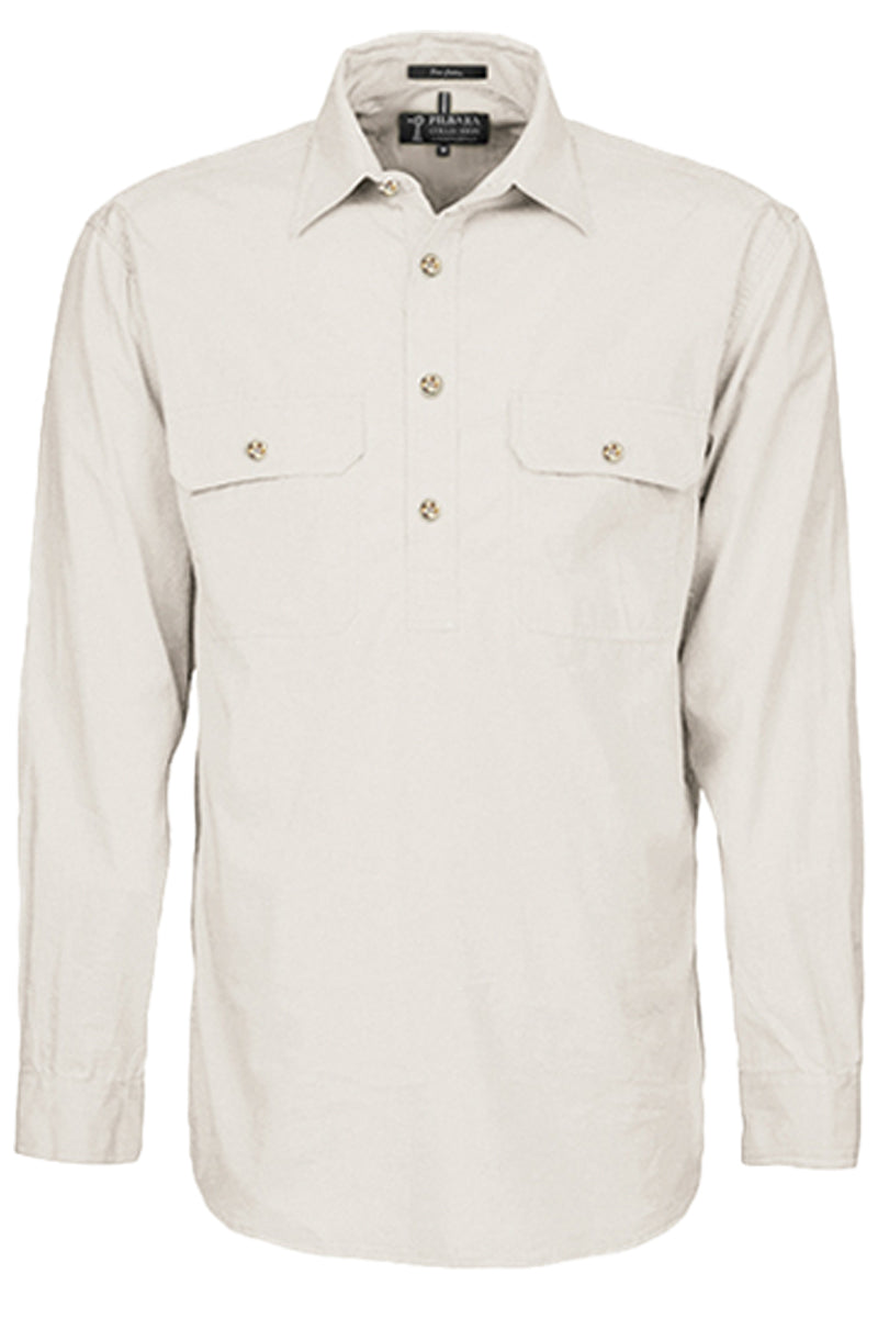 Pilbara (Mens) RM200CF - Closed Front Long Sleeve Shirt (Stone) - 5% Off - Chainsaw Mates Rates