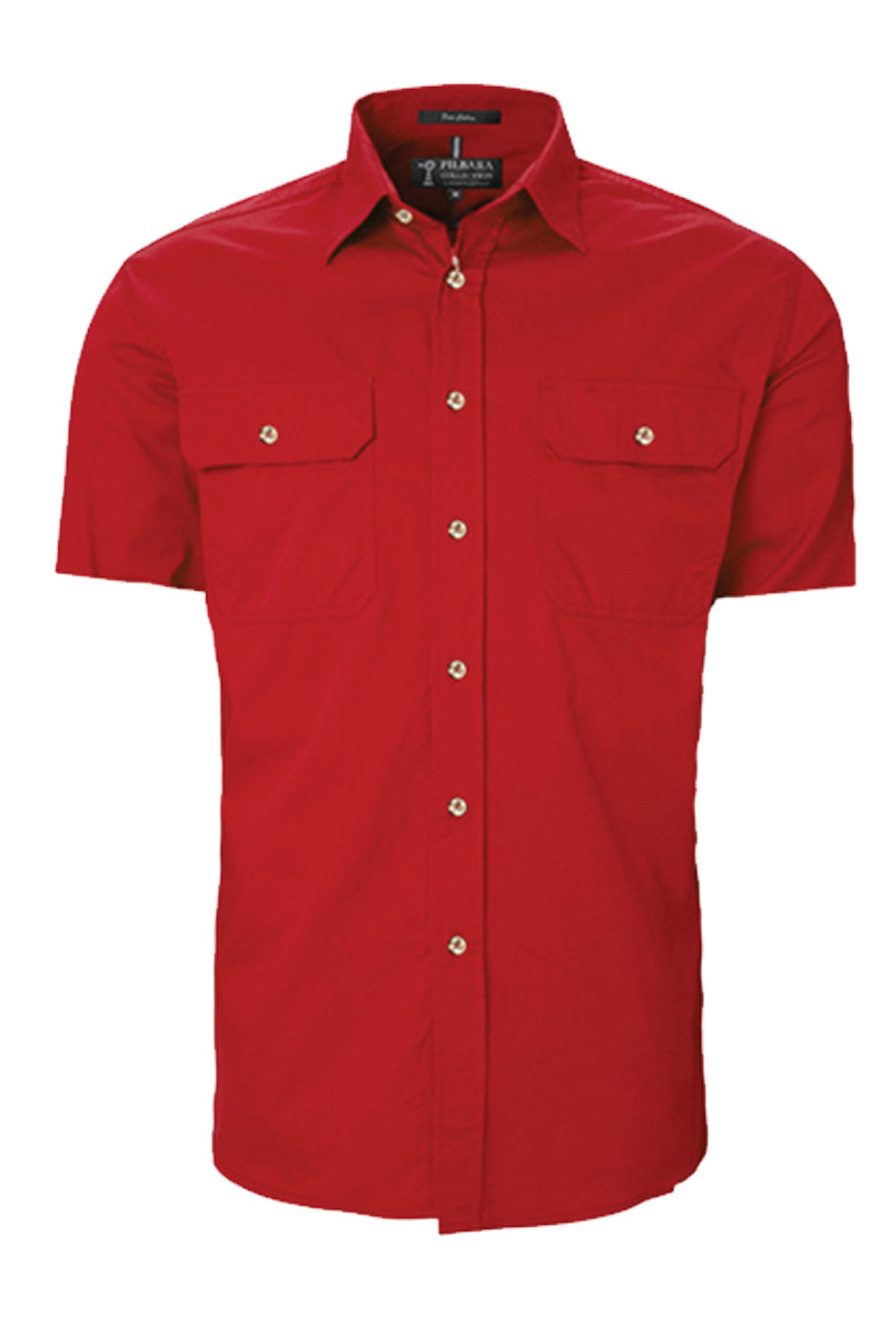 Pilbara (Mens) RM500BTS - Open Front Short Sleeve Shirt (Red) - 5% Off - Chainsaw Mates Rates