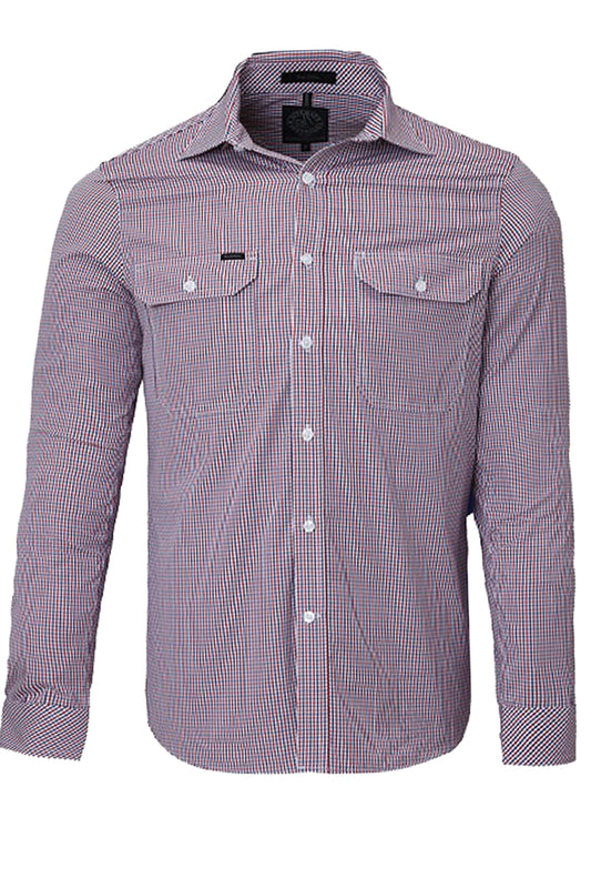 Pilbara (Mens) RMPC008 - Dual Pocket Long Sleeve Shirt (Red/Navy/White Small Check)
