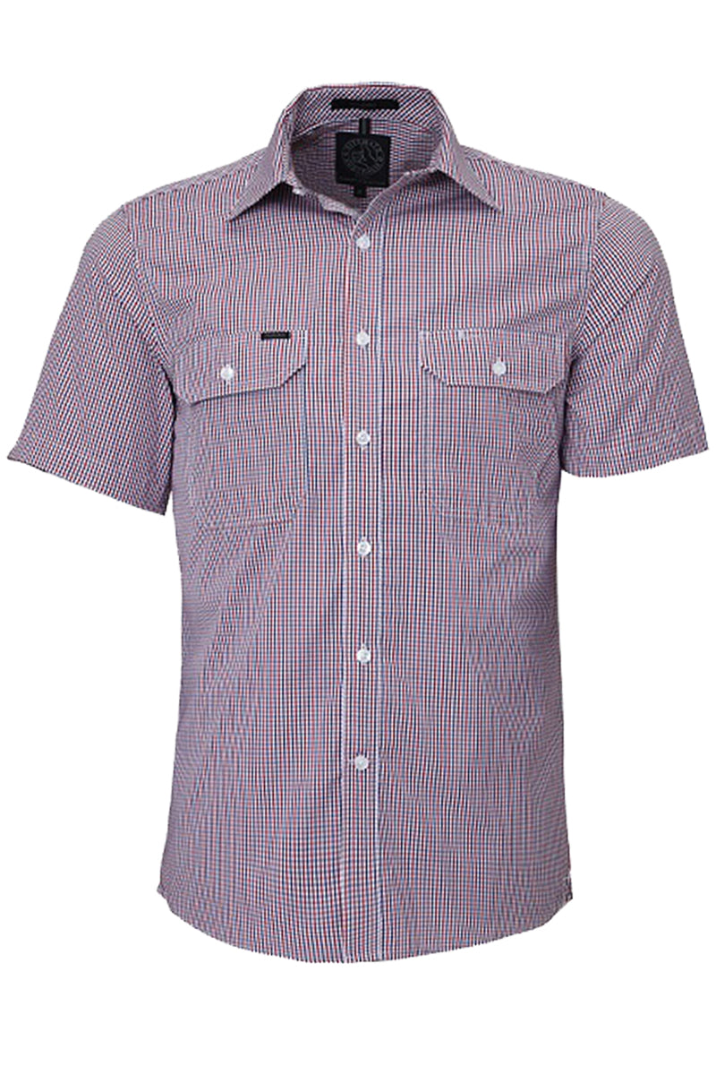 Pilbara (Mens) RMPC008S - Dual Pocket Short Sleeve Shirt (Red/Navy/White Small Check)